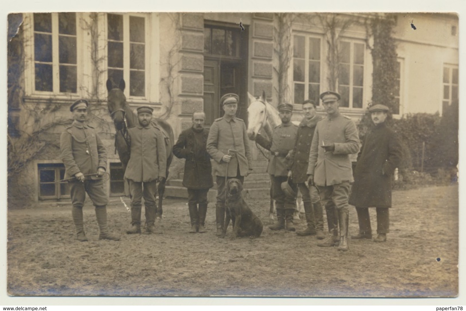 Foto Photo Soldaten Gruppe Hund Pferd Pokrzywnica ? Nesselwitz ? 1915 Russisch Polen - Krieg, Militär