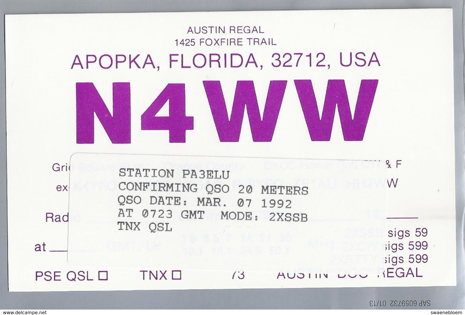 US.- QSL KAART. CARD. N4WW. AUSTIN REGAL, APOPKA, FLORIDA. ORANGE COUNTY. U.S.A. - Radio-amateur