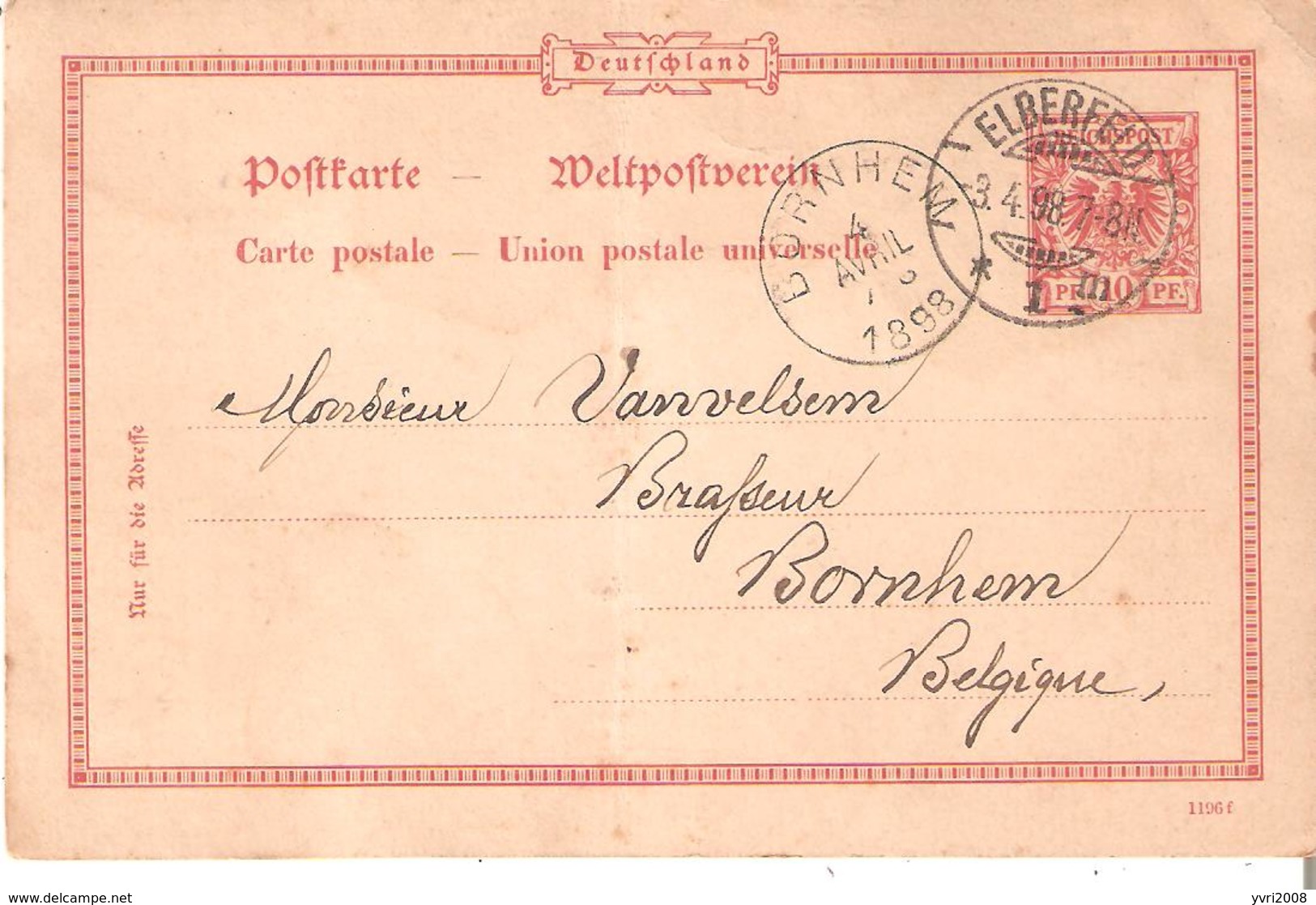 EP. Allemand ELBERFELD Du 3/4/1898 Vers BORNHEM - VANVELSEM - BRASSEUR à Bornhem. - Autres & Non Classés