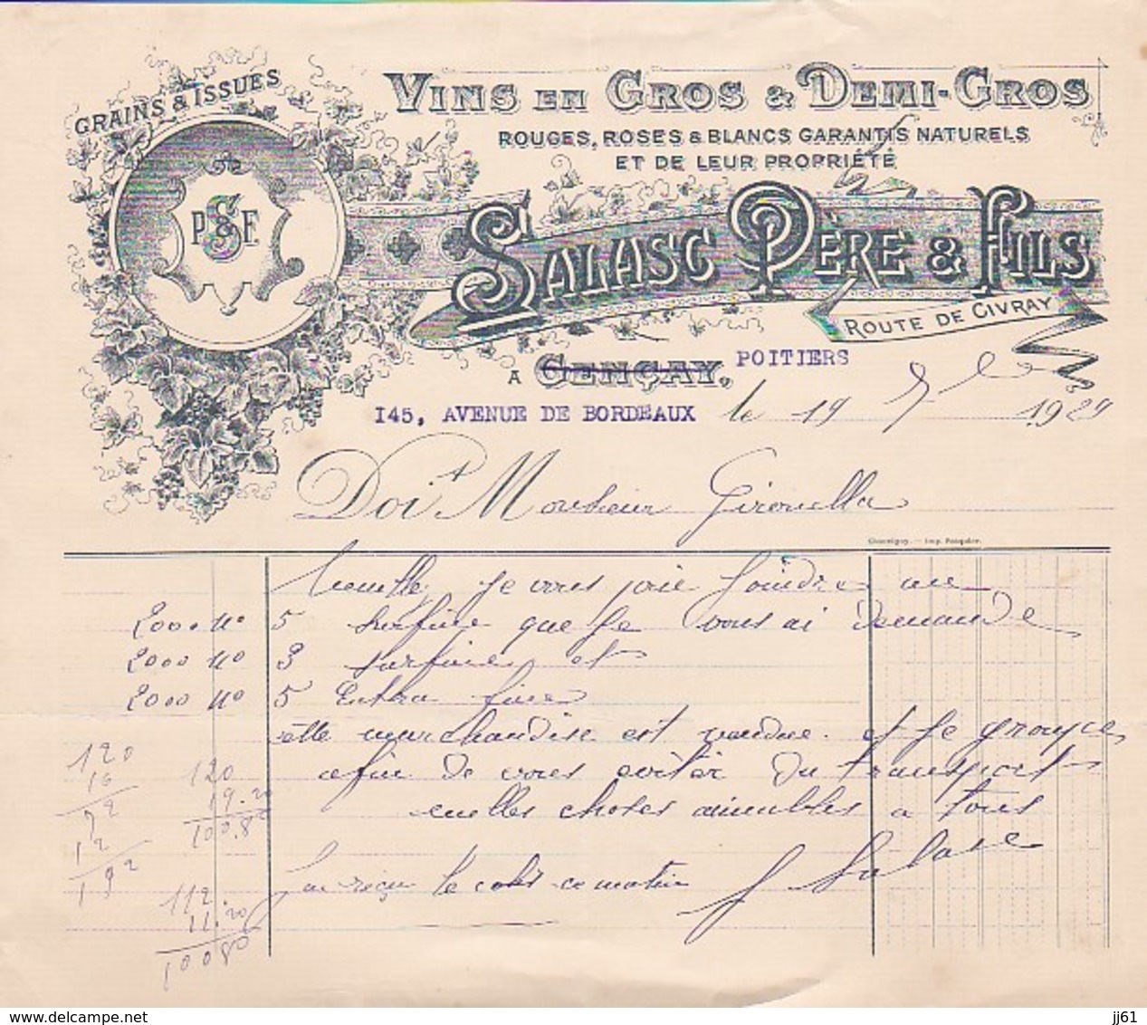 GENCAY POITIERS ETS SALASC GRAINS ISSUES VINS EN GROS ROUGES ROSES BLANCS ANNEE 1929 - Autres & Non Classés