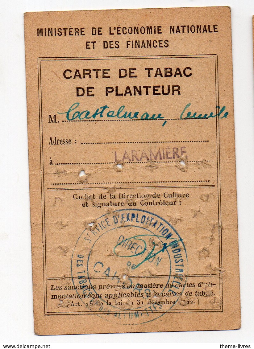 Guerre 39-45) Rationnement : CARTE DE TABAC DE PLANTEUR (PPP19740) - Dokumente
