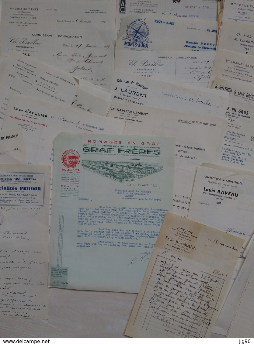 Lot de 130 factures(600g)1938-39 commerces bouches et autres, F-Comté, Paris, Alsace, Lorraine, Drôme, R-Alpes, multiple