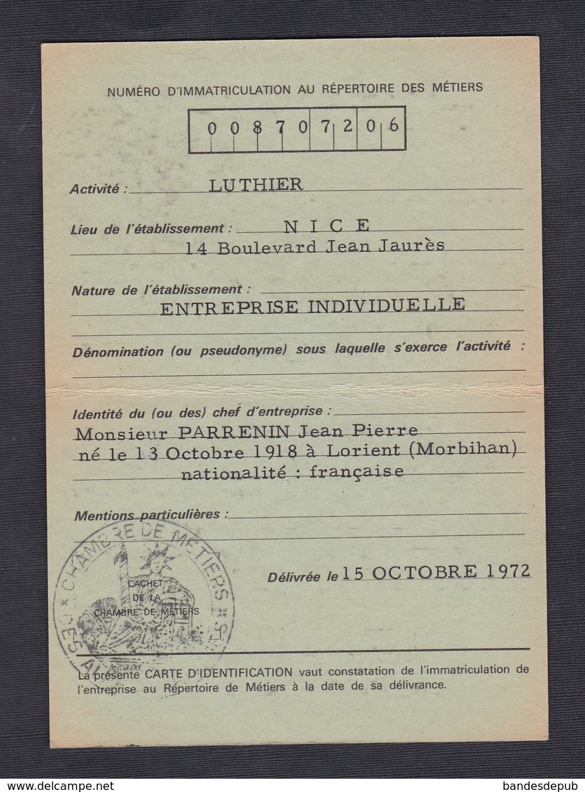 Carte D' Identification Entreprise Jean Pierre Parrenin Luthier Nice Chambre Metiers Alpes Maritimes - Non Classés