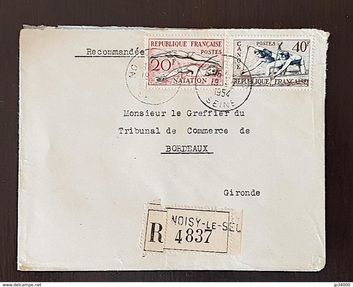 FRANCE, CANOE, NATATION, Yvert N°960+963 Sur Lettre Recommandée. Affranchissement Mixte Au Tarif 19/02/1954. - Canoë