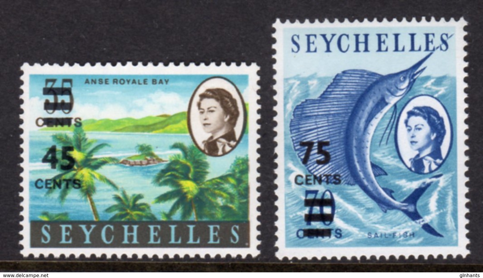 SEYCHELLES - 1965 SURCHARGED STAMPS (2V) FINE MNH ** SG 216-217 - Seychelles (...-1976)