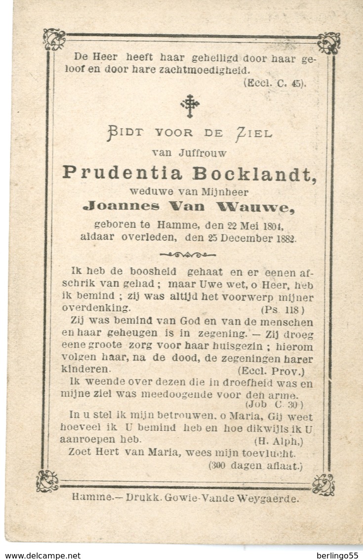 Dp. Bocklandt Prudentia. Wed. Van Wauwe Joannes. ° Hamme 1801 † Hamme 1882  (2 Scan's) - Religion & Esotérisme