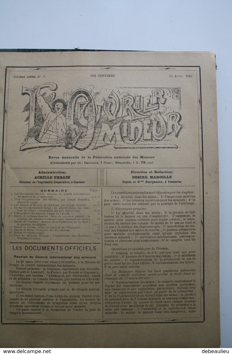 1910, lot de 16 revues "L'ouvrier Mineur", administration A. Urbain à Cuesmes, Direction D. Maroille à Frameries