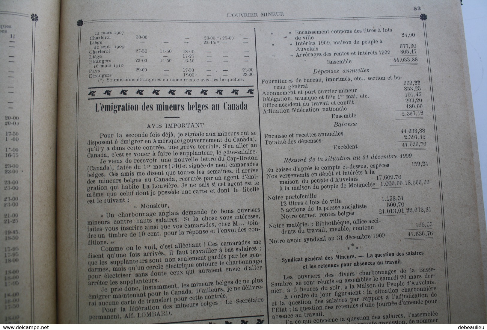 1910, lot de 16 revues "L'ouvrier Mineur", administration A. Urbain à Cuesmes, Direction D. Maroille à Frameries