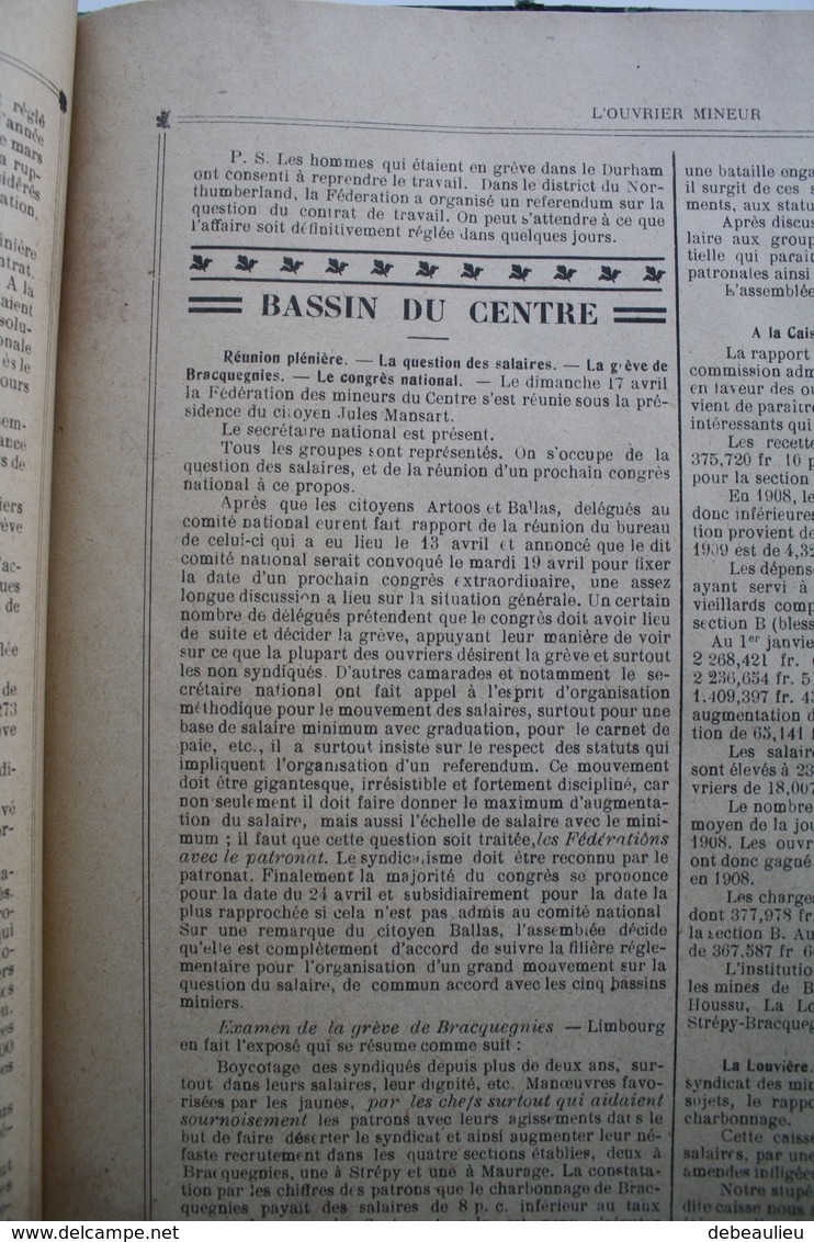 1910, lot de 16 revues "L'ouvrier Mineur", administration A. Urbain à Cuesmes, Direction D. Maroille à Frameries