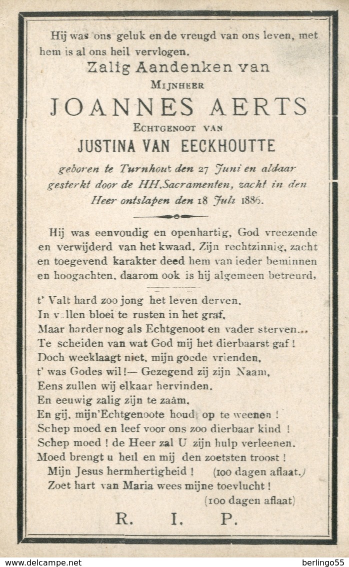 Dp. Aerts Joannes. Echtg. Van Eeckhoutte Justina. ° Turnhout ....... † Turnhout 1886  (2 Scan's) - Religion & Esotérisme