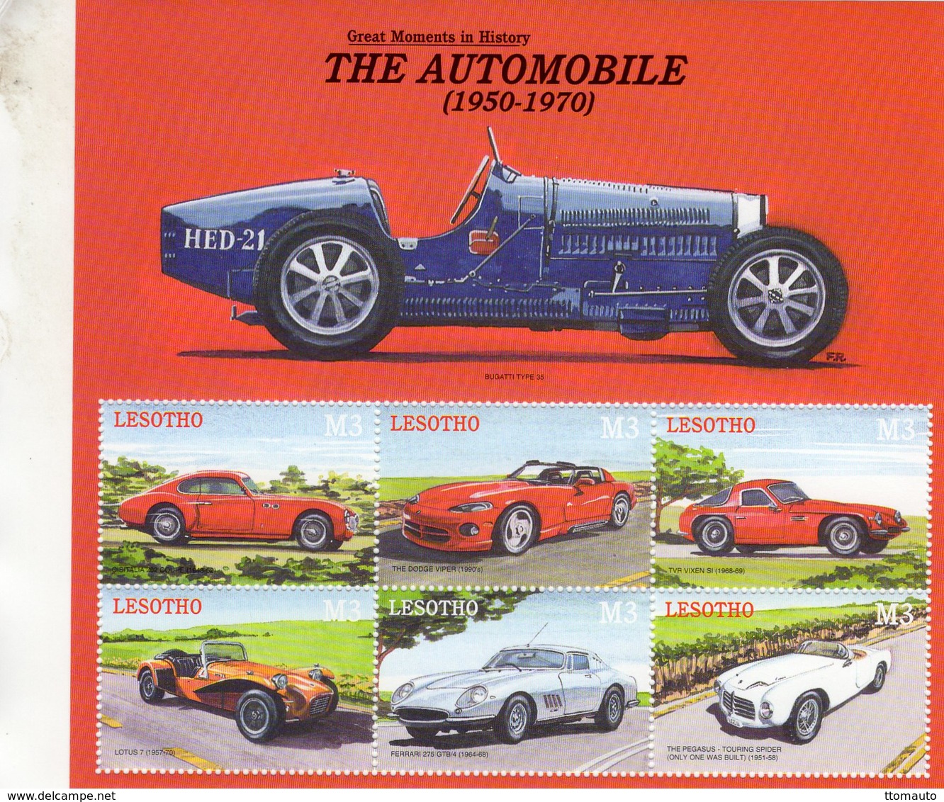 Lesotho  -  The Automobile  - Bugatti-Cisitalia-Dodge-TVR-Lotus-Ferrari-Pegaso  -  6v MS Neuf/Mint/MNH - Motos