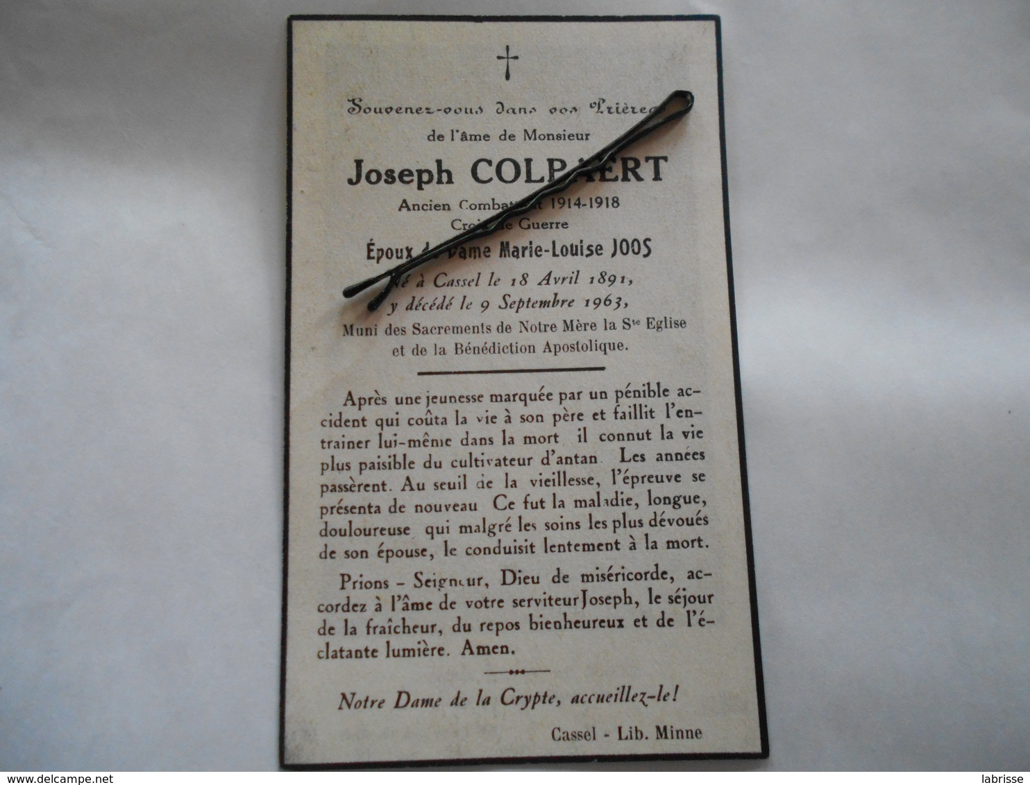 Images Pieuse Joseph Colpaert Ancien Combattant 1914 - 1918  Décédé à Cassel 1963 - Images Religieuses