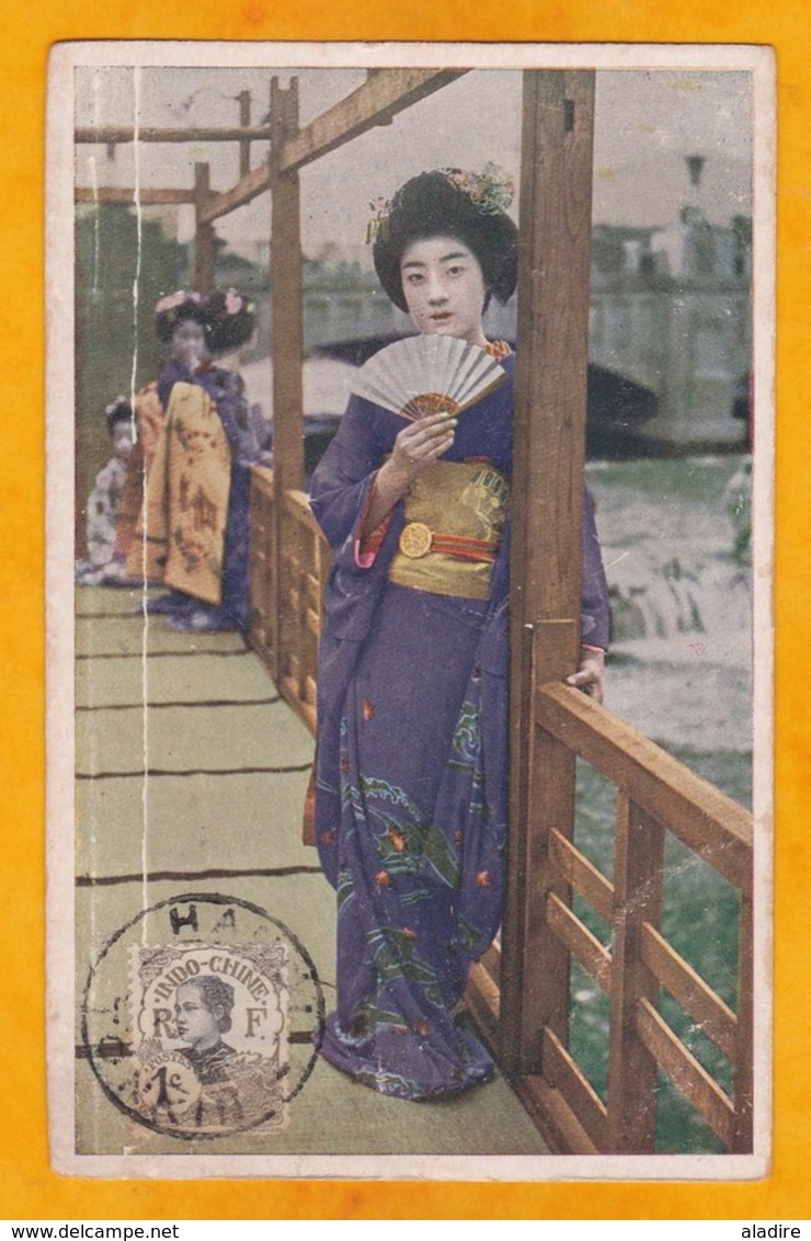 1918 - CP De Hanoi, Tonkin, Indochine Vers Neuilly Sur Seine, France- Affrt 1 C - Vue Geisha - Cp Japonaise - Covers & Documents