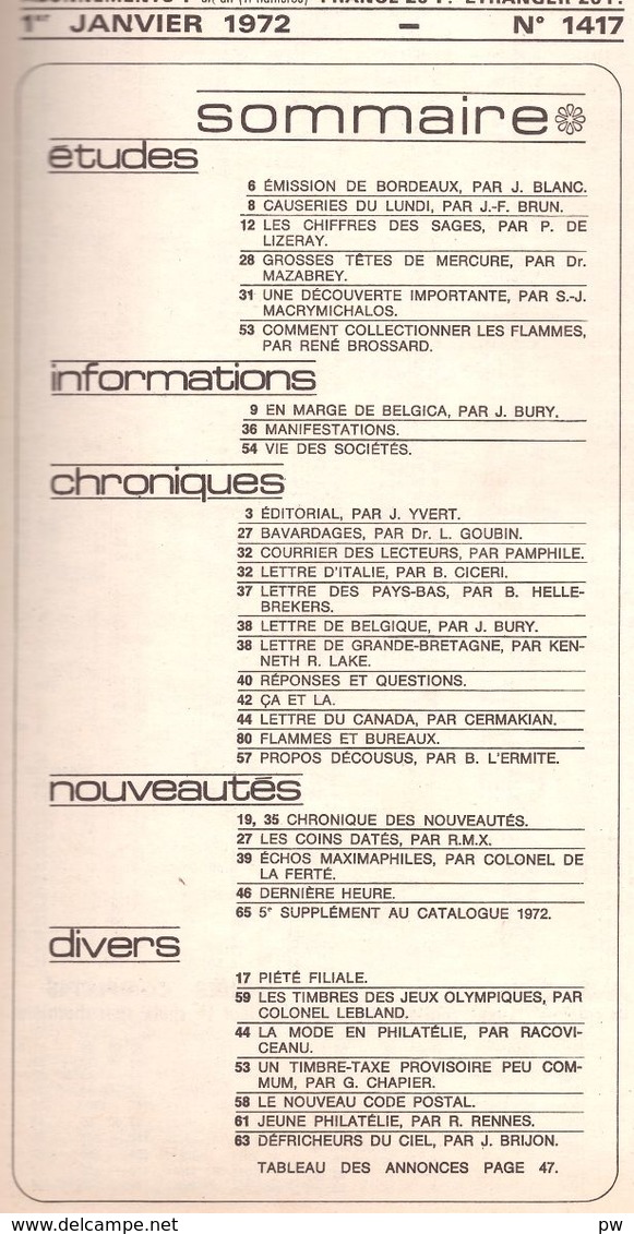 REVUE L'ECHO DE LA TIMBROLOGIE N°1417 De Janvier 1972 - Français (àpd. 1941)