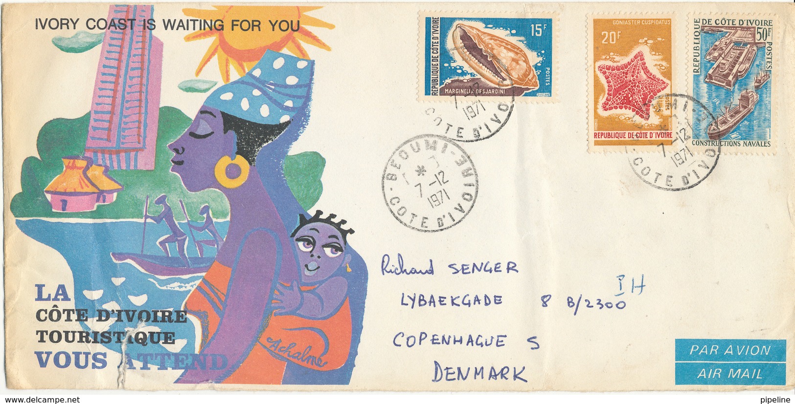 Ivory Coast Cover With Cachet And Topic Stamps Sent To Denmark 7-12-1971 (there Is A Big Tear In The Cachet) - Ivory Coast (1960-...)