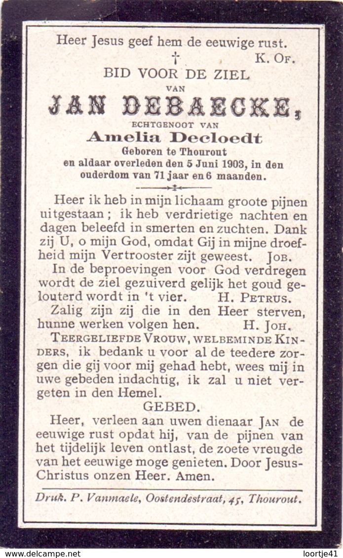 Devotie - Doodsprentje Overlijden - Jan Debaecke - Torhout 1832 - 1903 - Décès