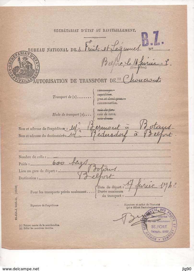 16-02-1942 -Autorisation De Transport De Choucroute Secrétariat D'état Au Ravitaillement BELFORT - 1939-45