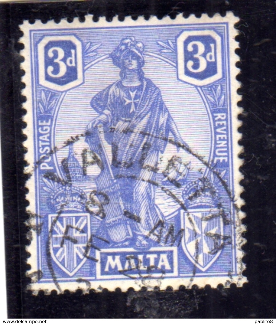 MALTA 1922 1926 EMBLEM EMBLEMA PENCE 3p USATO USED OBLITERE' - Malta