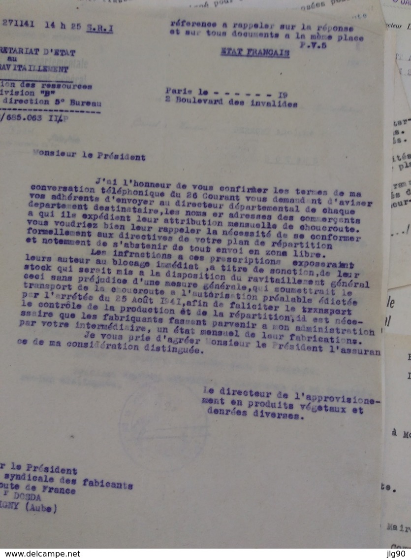 Lot courrier du Sécrétariat au ravitaillement Fruits et Légumes période 1941-43