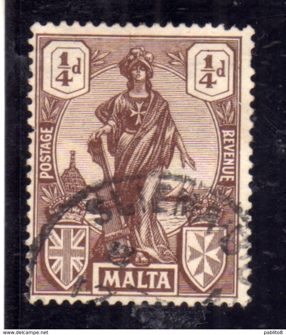 MALTA 1922 1926 EMBLEM EMBLEMA 1/4p USATO USED OBLITERE' - Malta