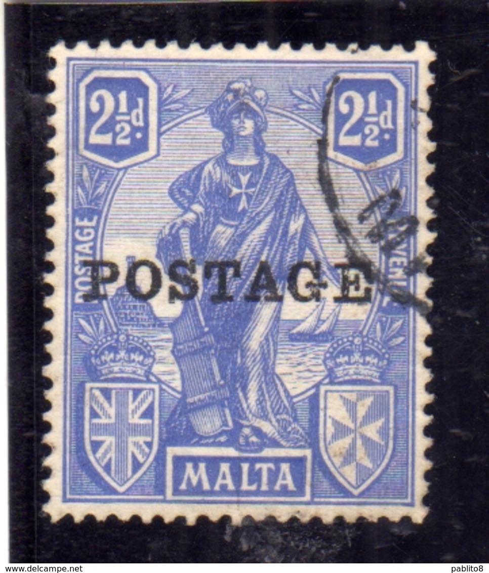 MALTA 1926 EMBLEM POSTAGE OVERPRINTED EMBLEMA 2 1/2p USATO USED OBLITERE' - Malta