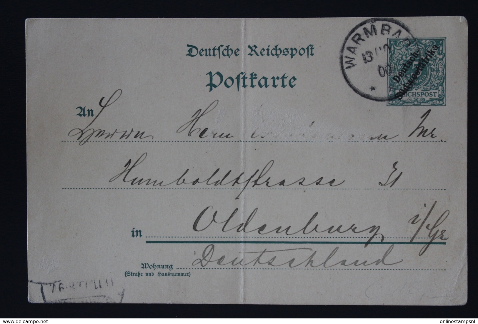 Deutschland  DSWA Postkarte P13 Warmbad -> Oldenburg 13-11-1900 Folded - Sud-Ouest Africain Allemand