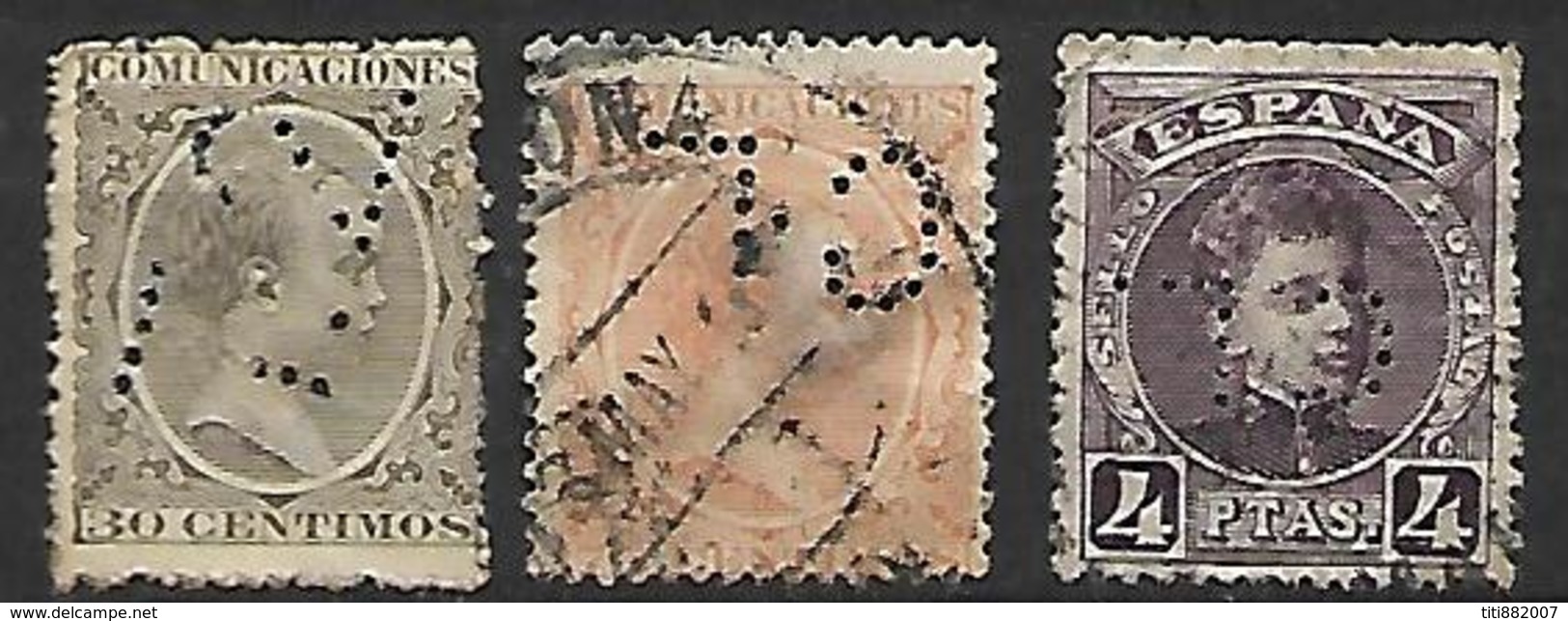 ESPAGNE   -     1889 / 1904 .    Y&T N° 205 - 208 - 224 Oblitérés.  Perforés / Perfins . - Perforiert/Gezähnt