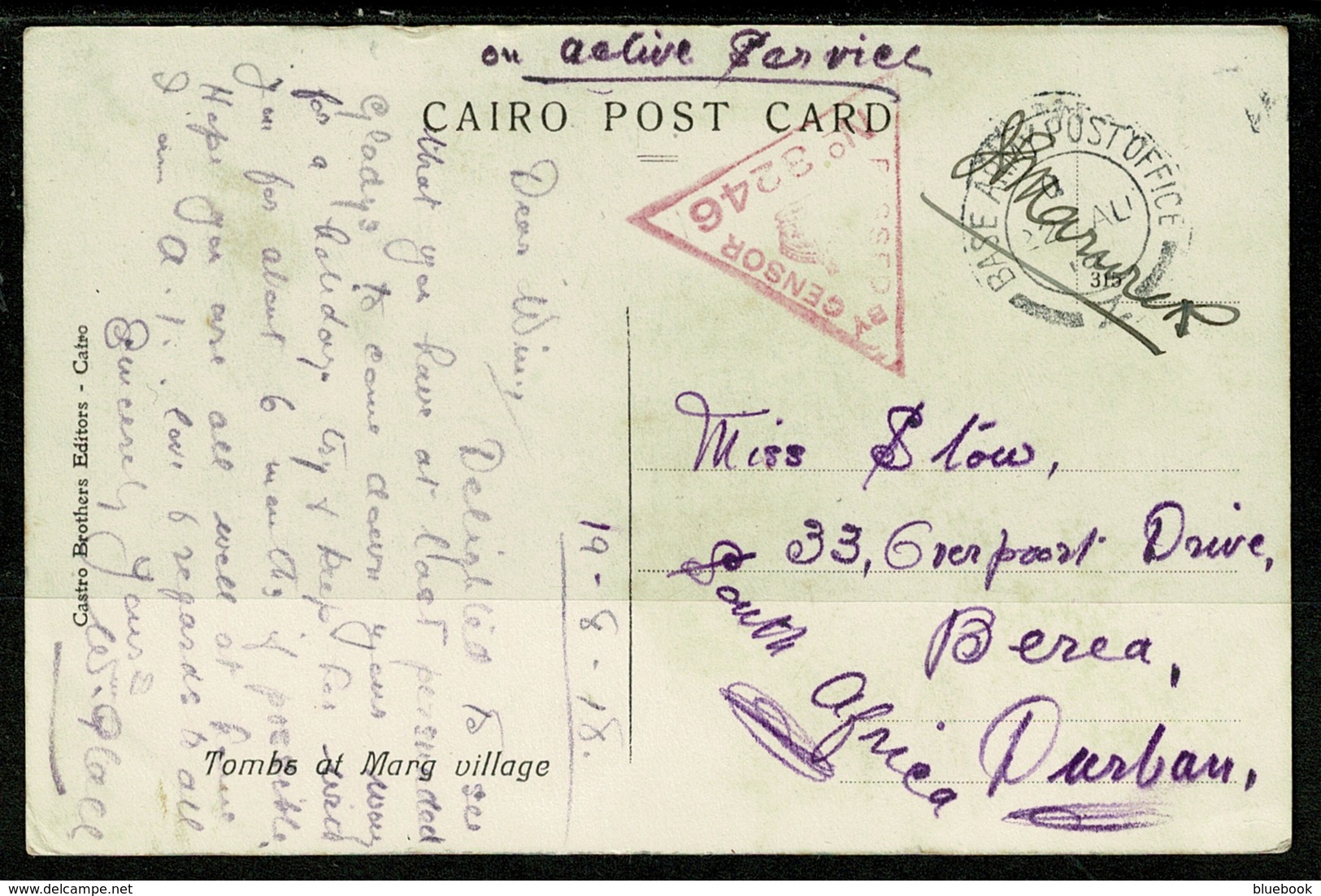 Ref 1320 - 1918 WWI Egypt Military Censored Postcard - GB BAPO Z - Base Army Post Office Z (2) - 1915-1921 Protettorato Britannico