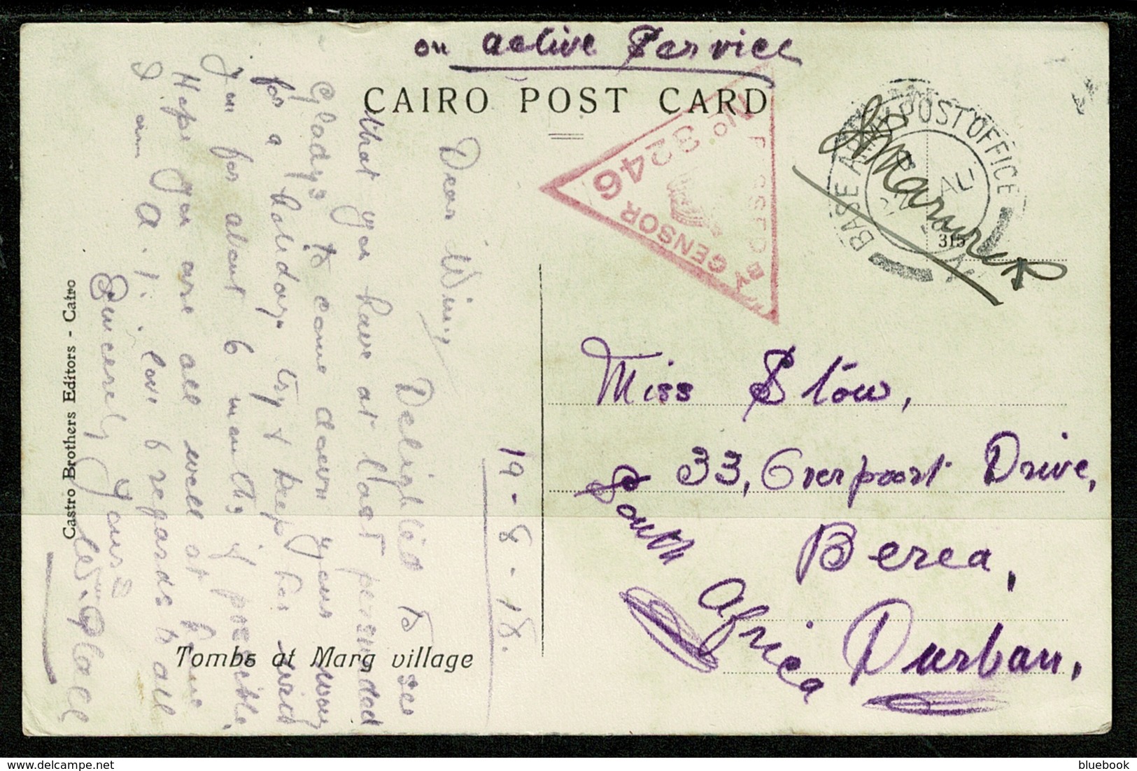 Ref 1320 - 1918 WWI Egypt Military Censored Postcard - GB BAPO Z - Base Army Post Office Z (2) - 1915-1921 British Protectorate