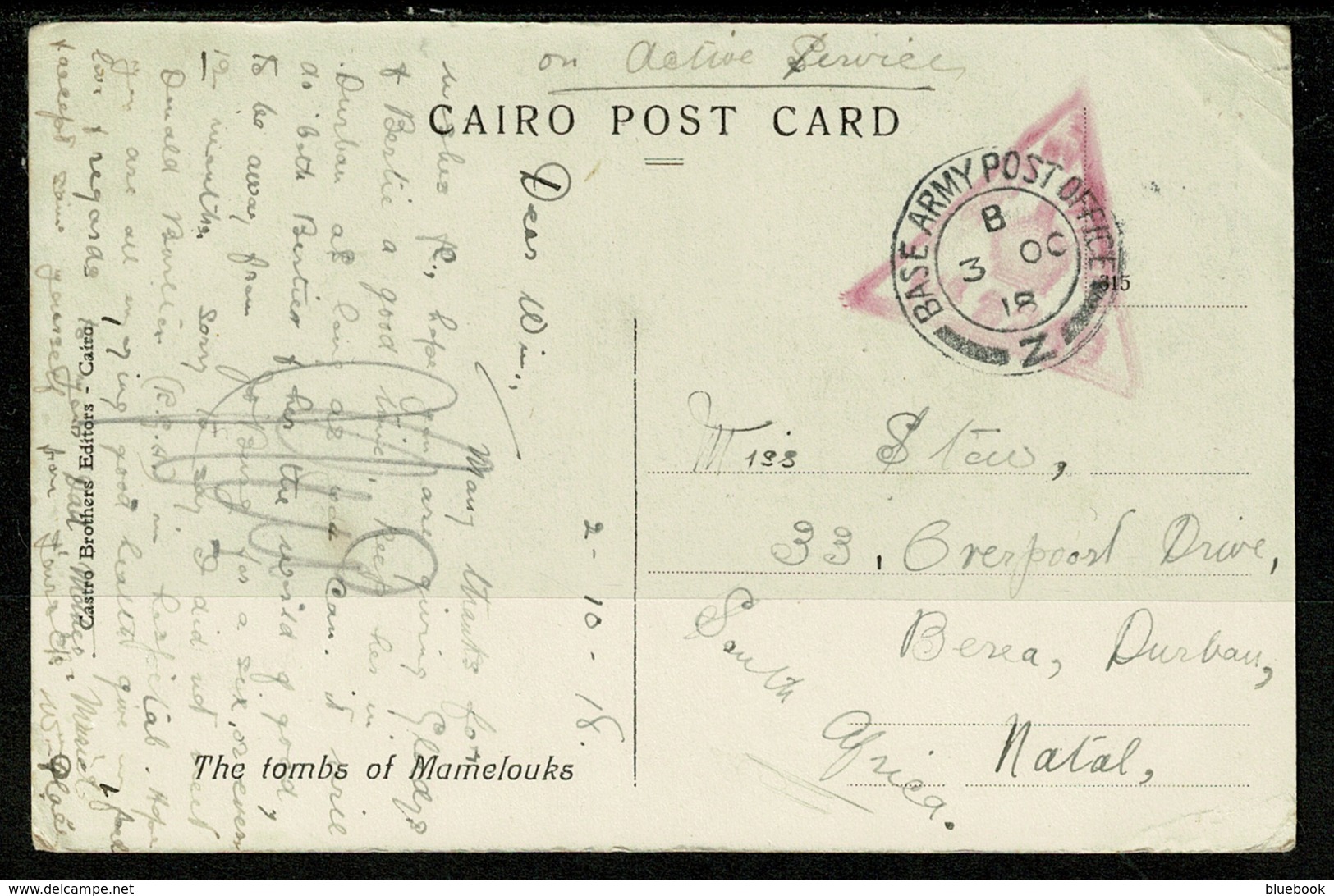 Ref 1320 - 1918 WWI Egypt Military Censored Postcard - GB BAPO Z - Base Army Post Office Z - 1915-1921 British Protectorate