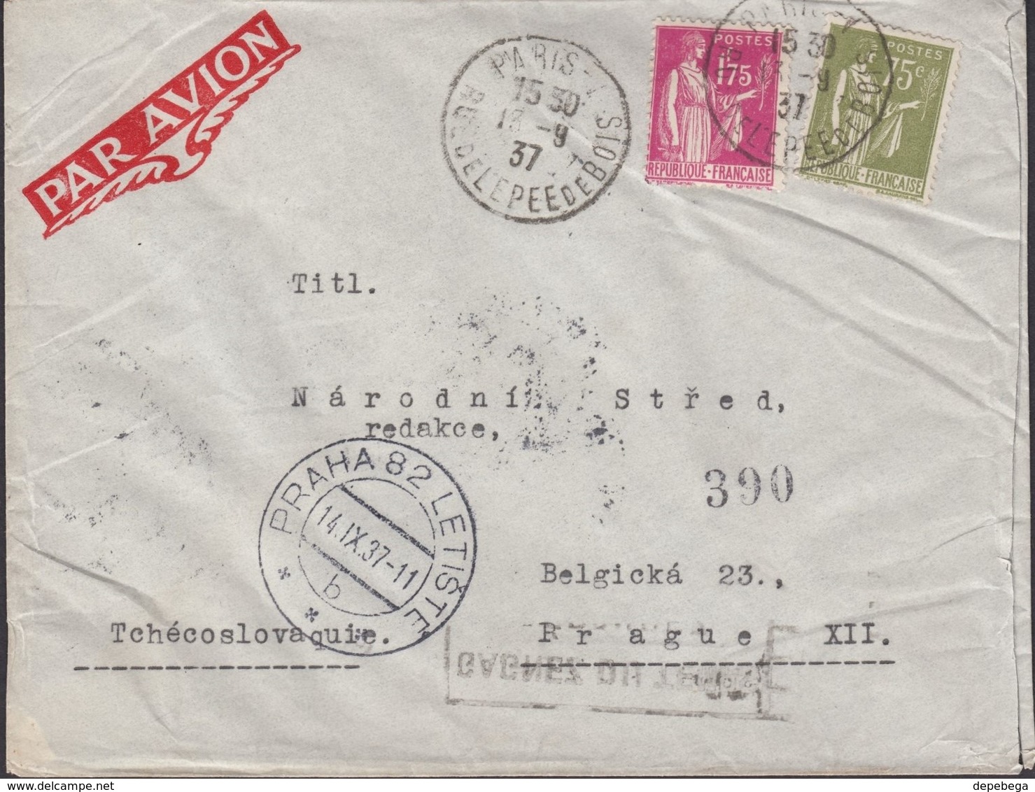 France - Airmail (Par Avion) Cover, PARIS 13.9.1937 - Prague / Praha, Czechoslovakia. - 1927-1959 Cartas & Documentos