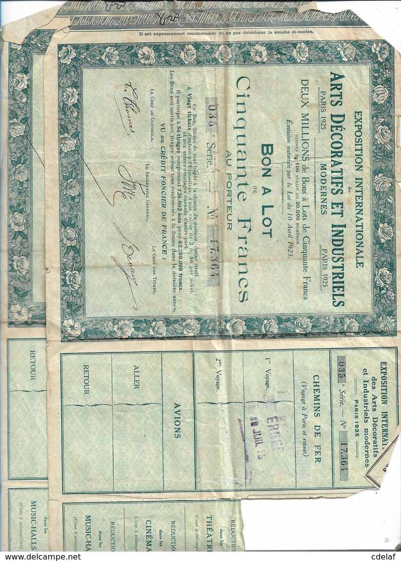Bons à Lot 50 Francs Au Porteur  Exposition Internationale 1925 - Zonder Classificatie