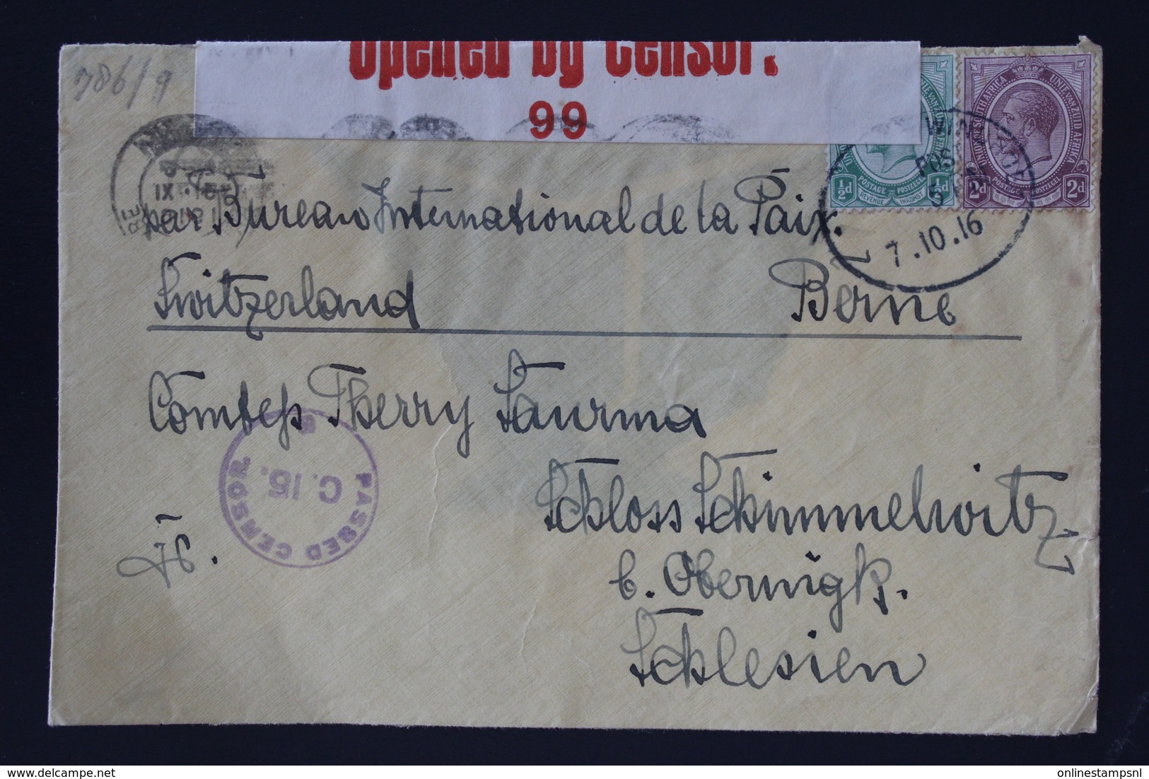 South African Occupation Of Southwest Africa Forerunner Windhoek -> Bern 27-10-1916 Altered German Cancel +censored - Storia Postale