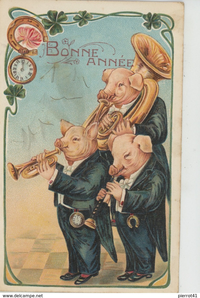 COCHONS - PIGS - Jolie Carte Fantaisie Gaufrée Orchestre De Cochons "Bonne Année" (embossed Postcard) - Nouvel An