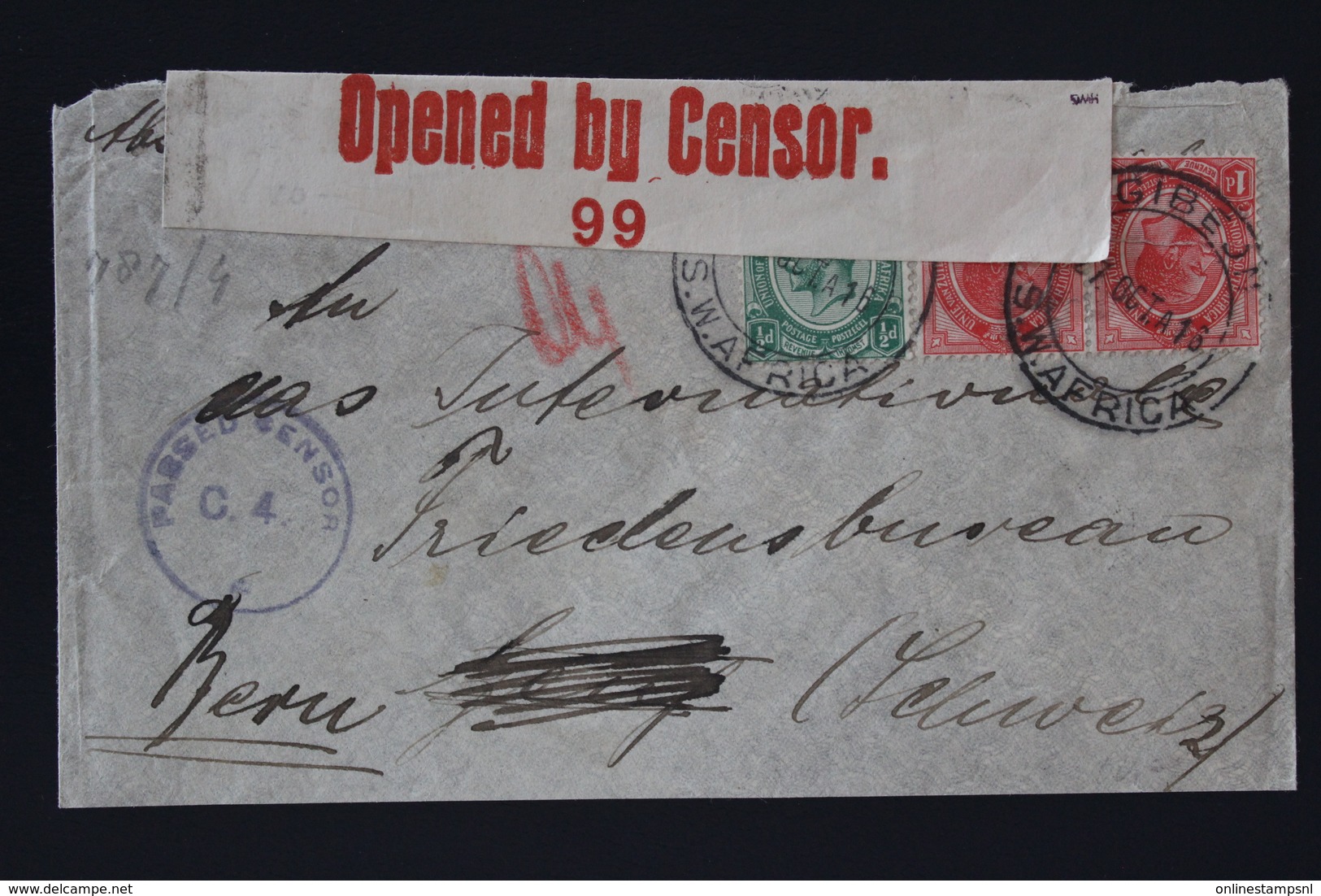 South African Occupation Of Southwest Africa Forerunner 27-10-1916 GIBEON->Bern Peace Bureau  Censored - Storia Postale