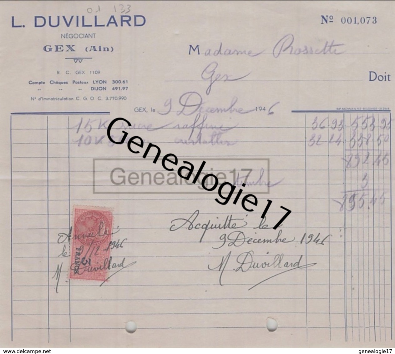 01 133Z GEX Ain 1946  Negociant L. DUVILLARD 1946 A ROSSETTE - 1900 – 1949