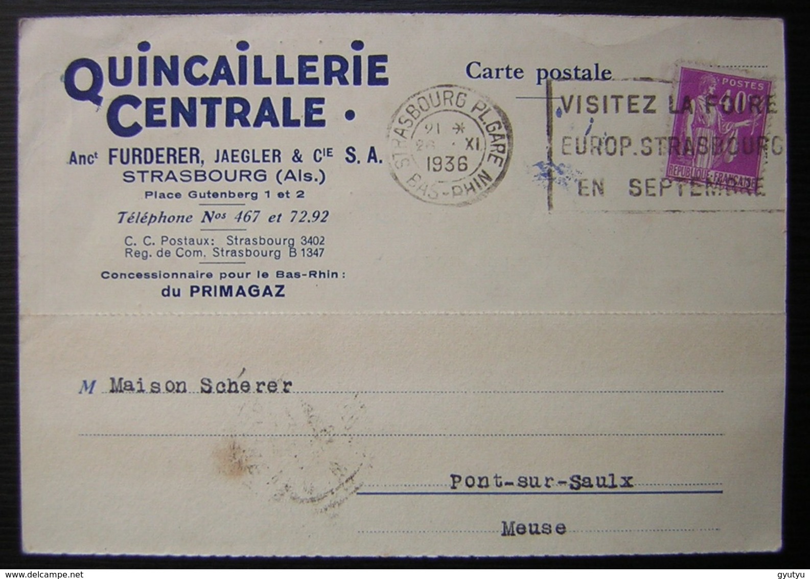 Strasbourg Pl. Gare 1936 Quincaillerie Centrale Anct Furderer Jaegler & Cie Carte  Pour Pont Sur Saulx (Meuse) - 1921-1960: Modern Period