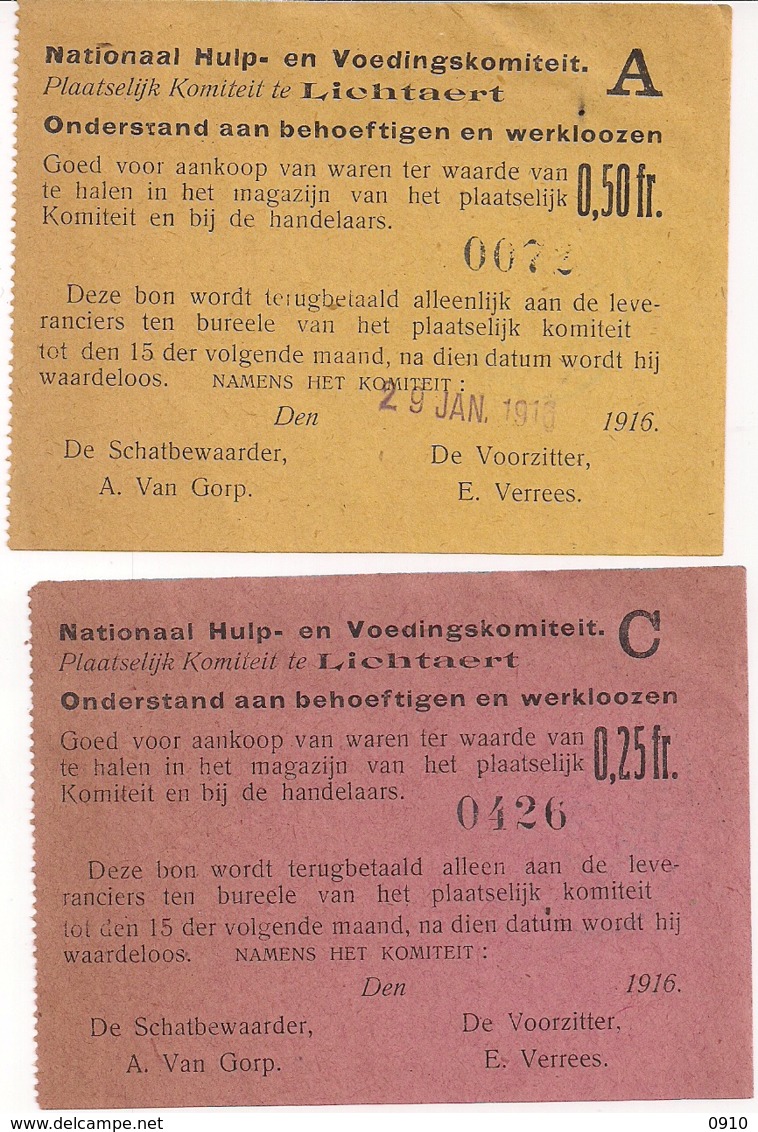 VOEDSELBONNEN GEMEENTE LICHTAART EERSTE WERELDOORLOG-NATIONAAL HULP-EN VOEDINGSKOMITEIT - Guerre 1914-18