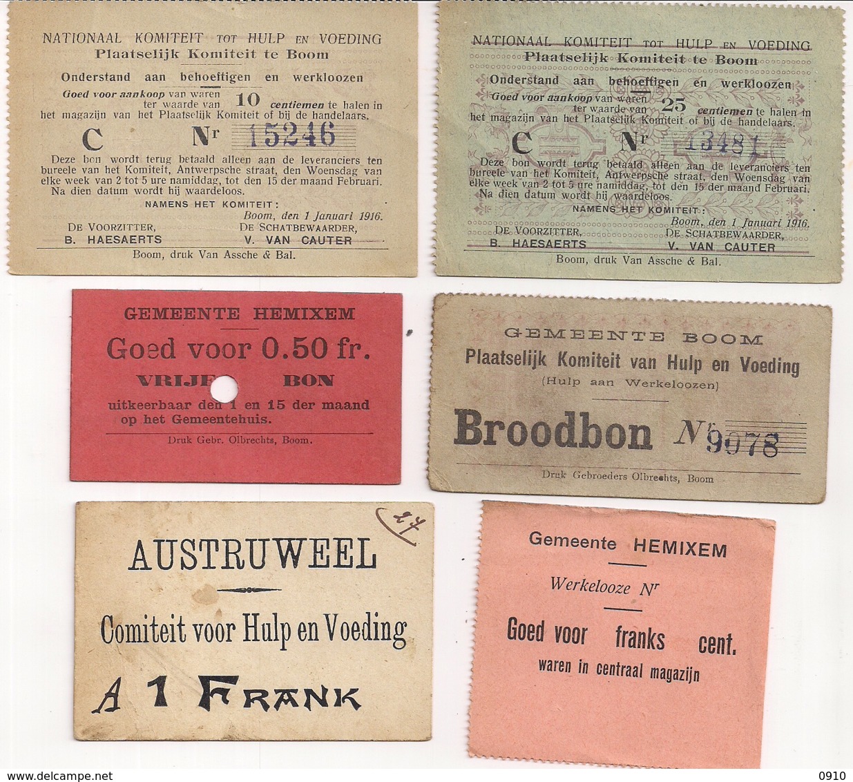 VOEDSELBONNEN GEMEENTE AUSTRUWEEL(ANTWERPEN),BOOM,HEMIKSEM EERSTE WERELDOORLOG-NATIONAAL HULP-EN VOEDINGSKOMITEIT - War 1914-18