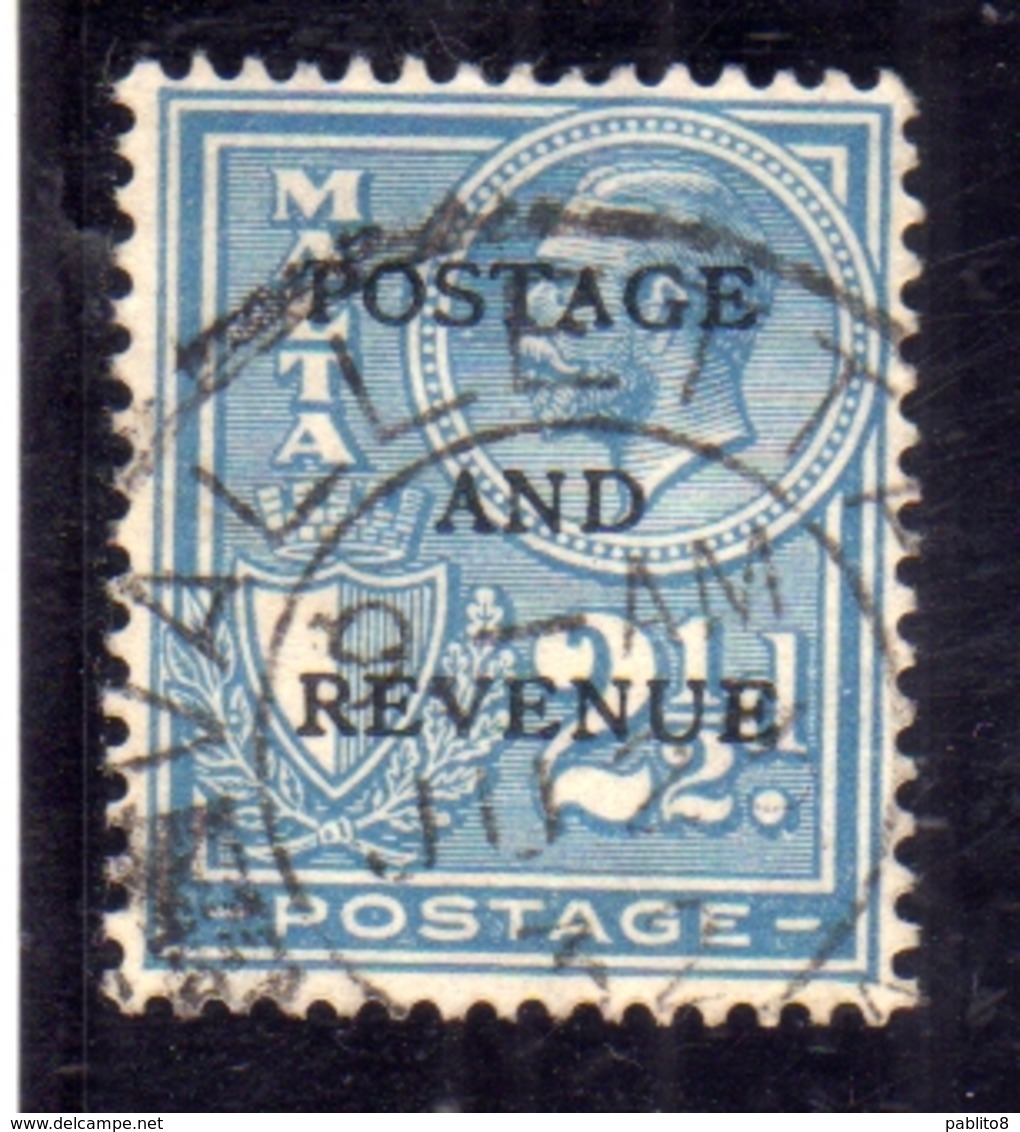 MALTA 1928 KING GEORGE V RE GIORGIO POSTAGE AND REVENUE OVERPRINTED 2 1/2p USATO USED OBLITERE' - Malta