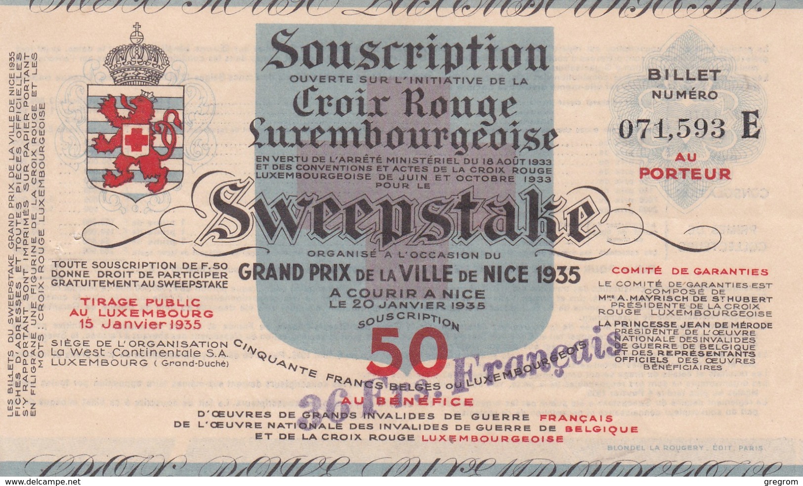 BILLET CROIX ROUGE LUXEMBOURGEOISE  , SWEEPSTAKE Grand Prix De Nice 1935 Serie E - Luxembourg