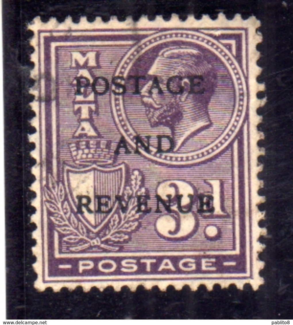 MALTA 1928 KING GEORGE V RE GIORGIO POSTAGE AND REVENUE OVERPRINTED 3p USATO USED OBLITERE' - Malta