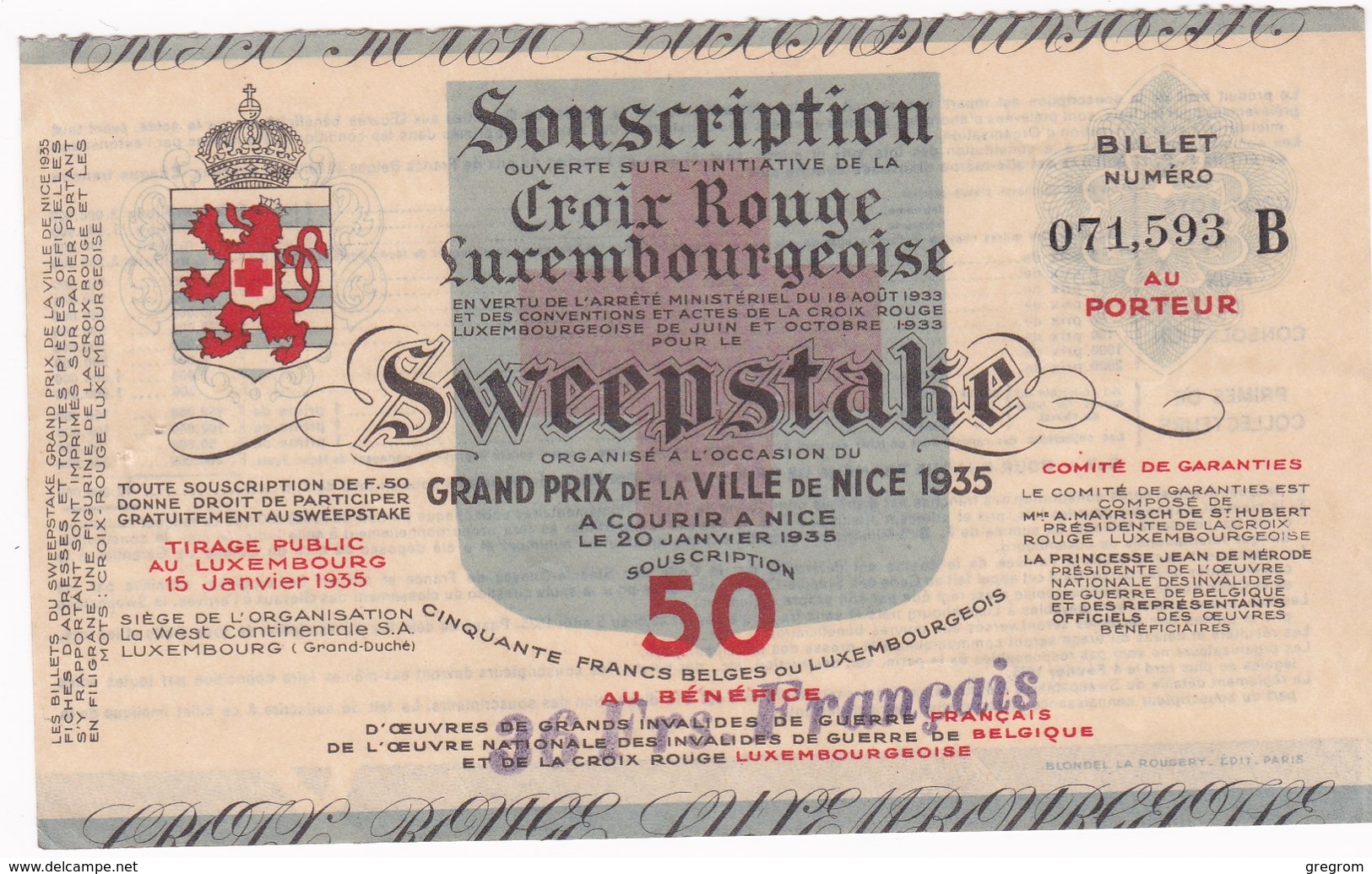 BILLET CROIX ROUGE LUXEMBOURGEOISE  , SWEEPSTAKE Grand Prix De Nice 1935 Serie B - Luxembourg