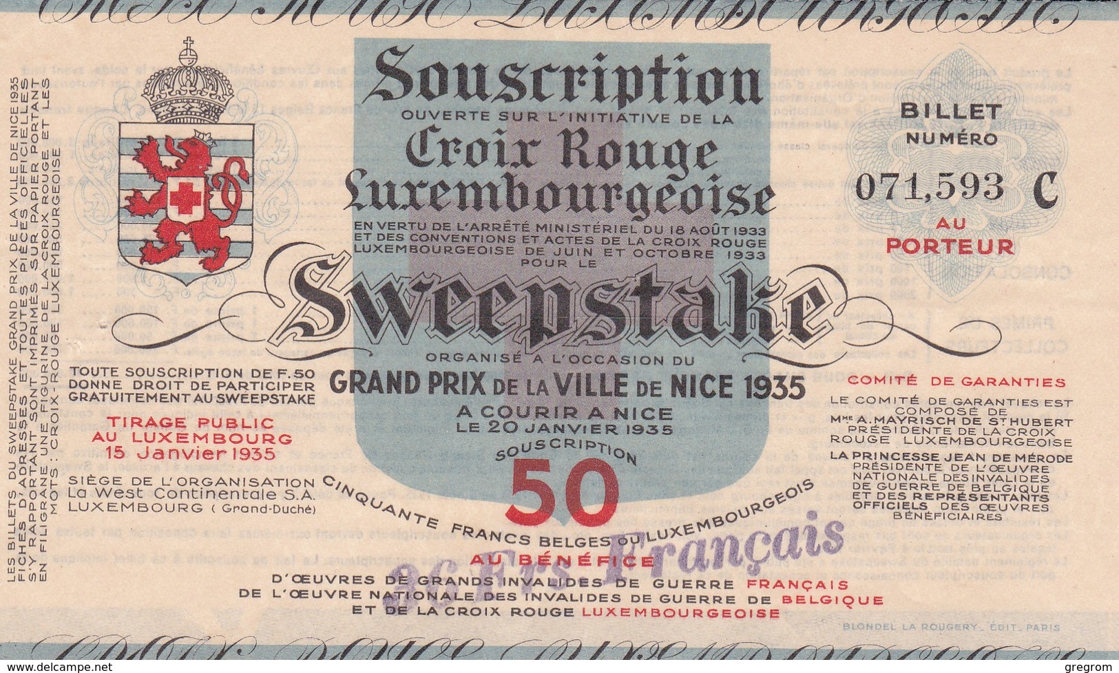 BILLET CROIX ROUGE LUXEMBOURGEOISE  , SWEEPSTAKE Grand Prix De Nice 1935 Serie C - Luxemburg