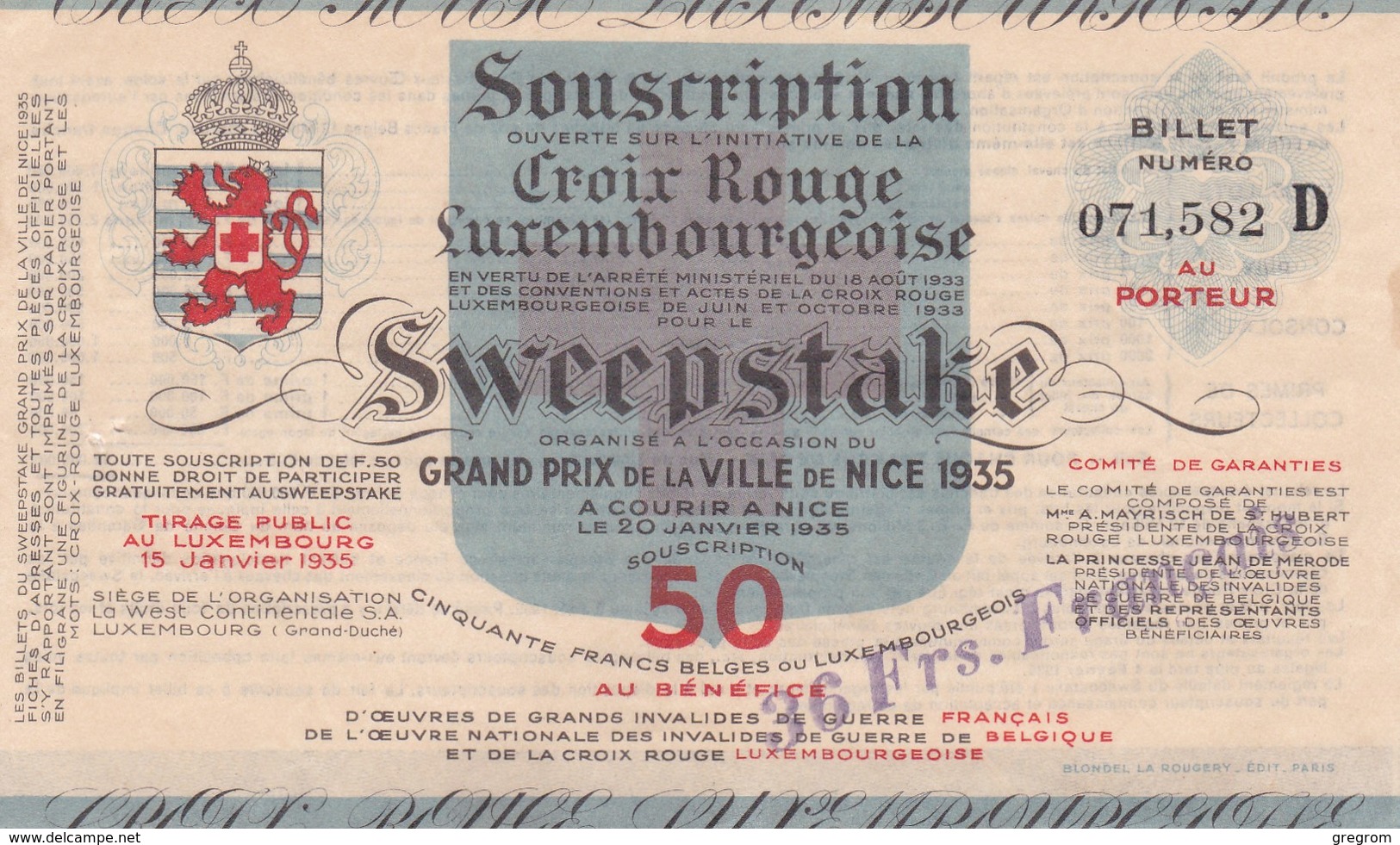 BILLET CROIX ROUGE LUXEMBOURGEOISE  , SWEEPSTAKE Grand Prix De Nice 1935 Serie D - Lussemburgo