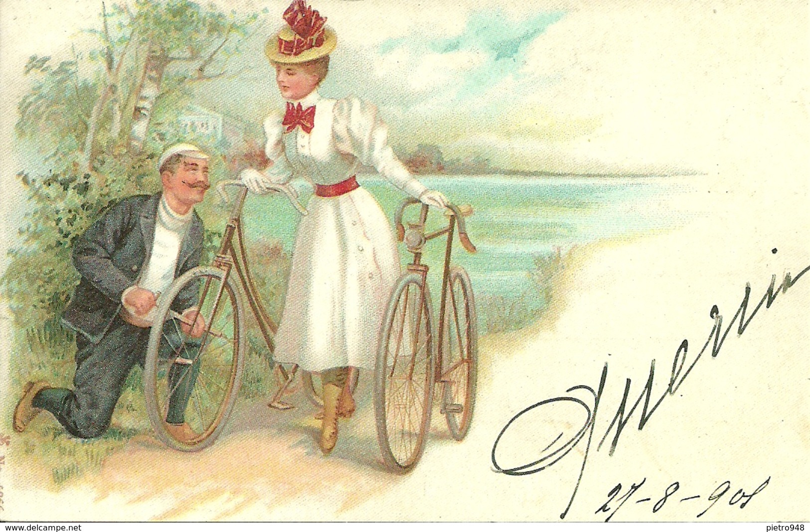 Coppia Di Innamorati In Bicicletta, Riproduzione Da Orig., Reproduction, Illustrazione, (E40) - Coppie