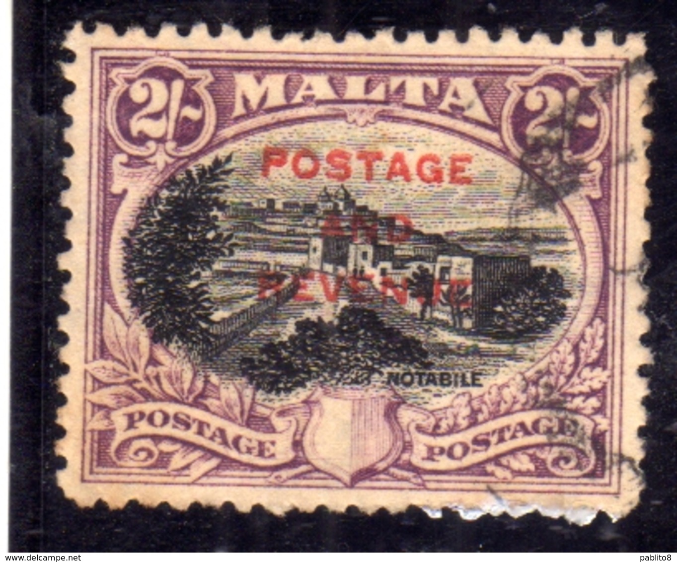 MALTA 1928 NOTABILE MDINA POSTAGE AND REVENUE OVERPRINTED TWO SHILLING 2sh USATO USED OBLITERE' - Malta