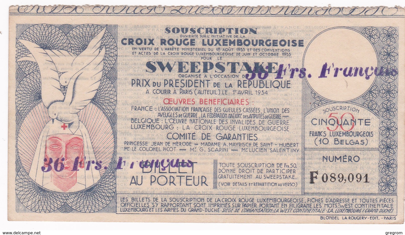 BILLET CROIX ROUGE LUXEMBOURGEOISE  , SWEEPSTAKE Prix  President De La République Paris Auteuil  1934 - Luxemburg