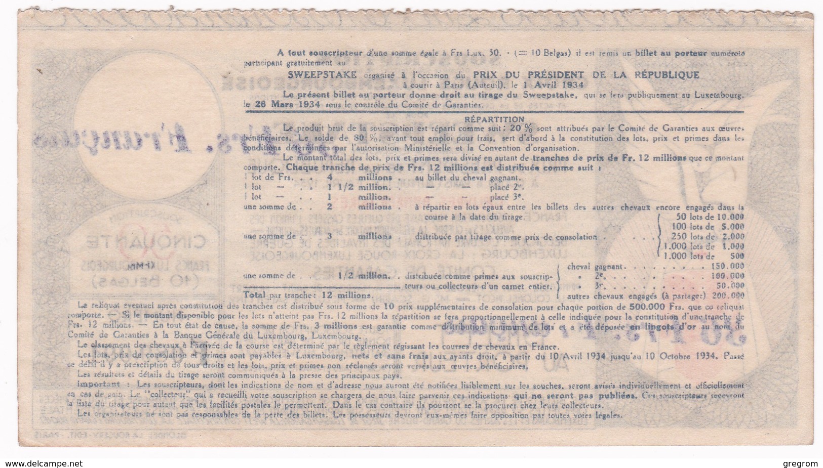 BILLET CROIX ROUGE LUXEMBOURGEOISE  , SWEEPSTAKE Prix  President De La République Paris Auteuil  1934 - Lussemburgo