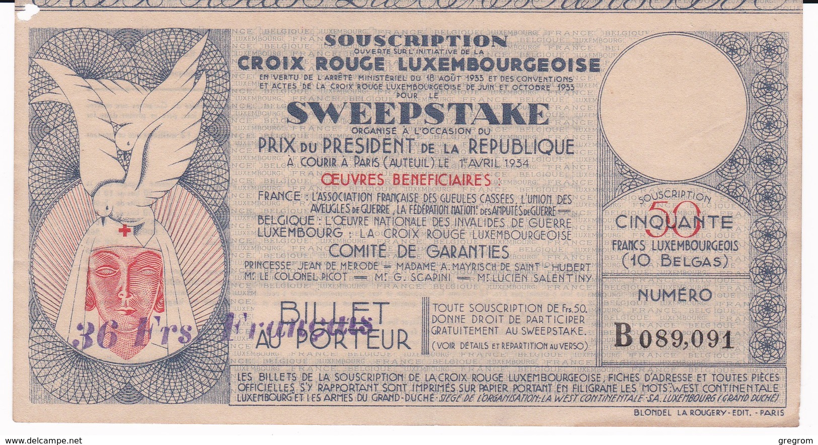 BILLET CROIX ROUGE LUXEMBOURGEOISE  , SWEEPSTAKE Prix  President De La République Paris Auteuil  1934 - Lussemburgo